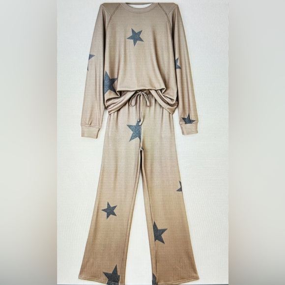 Trucker’d Up Other - Khaki retro star print drawstring wide leg 2 piece lounge set